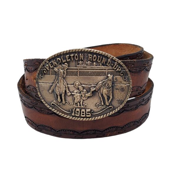 ADM Design Other - Pendleton Round Up Vintage 1985 Solid Brass Belt Buckle Tooled Leather Belt #165
